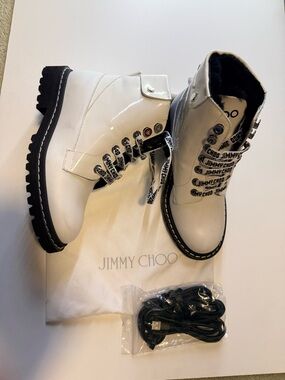 Jimmy Choo White Leather Lace-Up Combat Boots with Black Trim